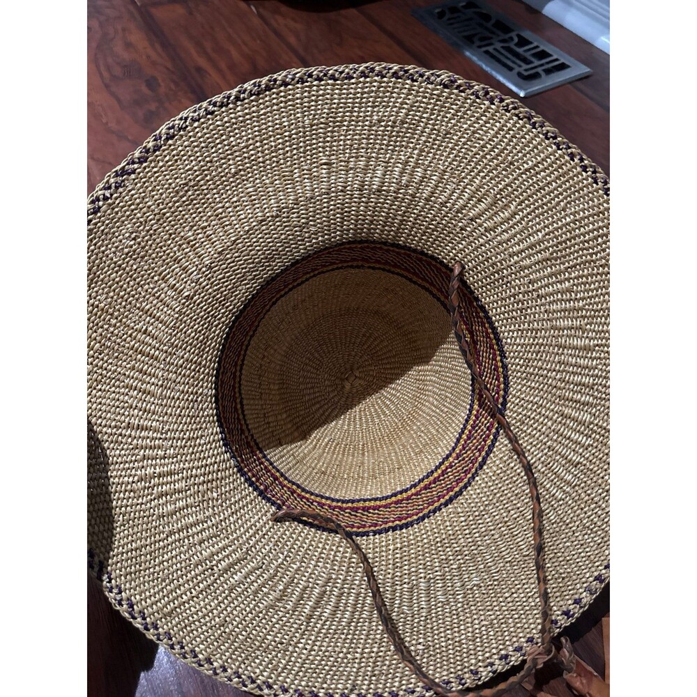 Vintage Handmade Woven Straw Wide Brim Hat with Leather Tie – Natural Raffia - Picture 2 of 3